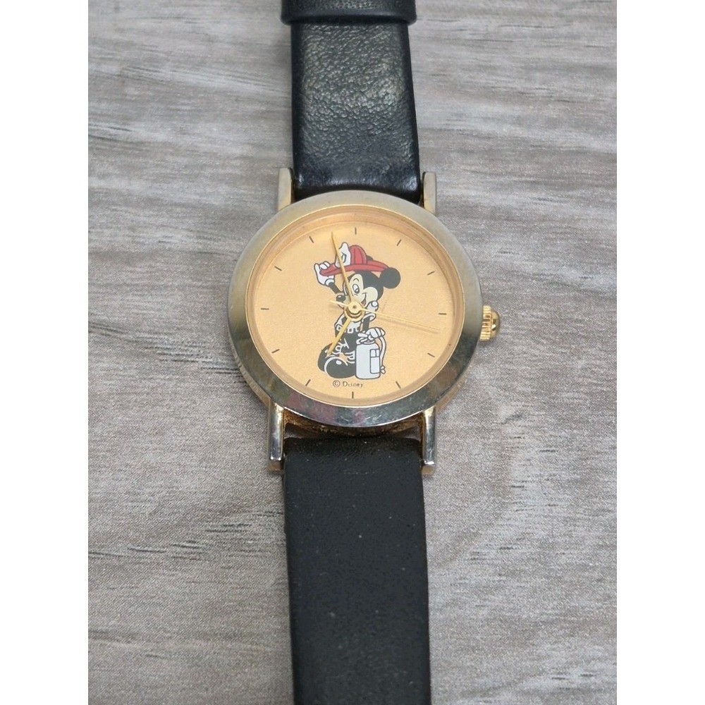 Pedre Disney Mickey Mouse Fireman Watch Gold Tone Japan Movt Black Leather Band